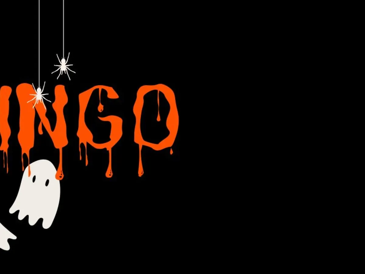 Bingo écrit en jaune, avec une araignée qui pend du haut et deux fantômes dans le bas