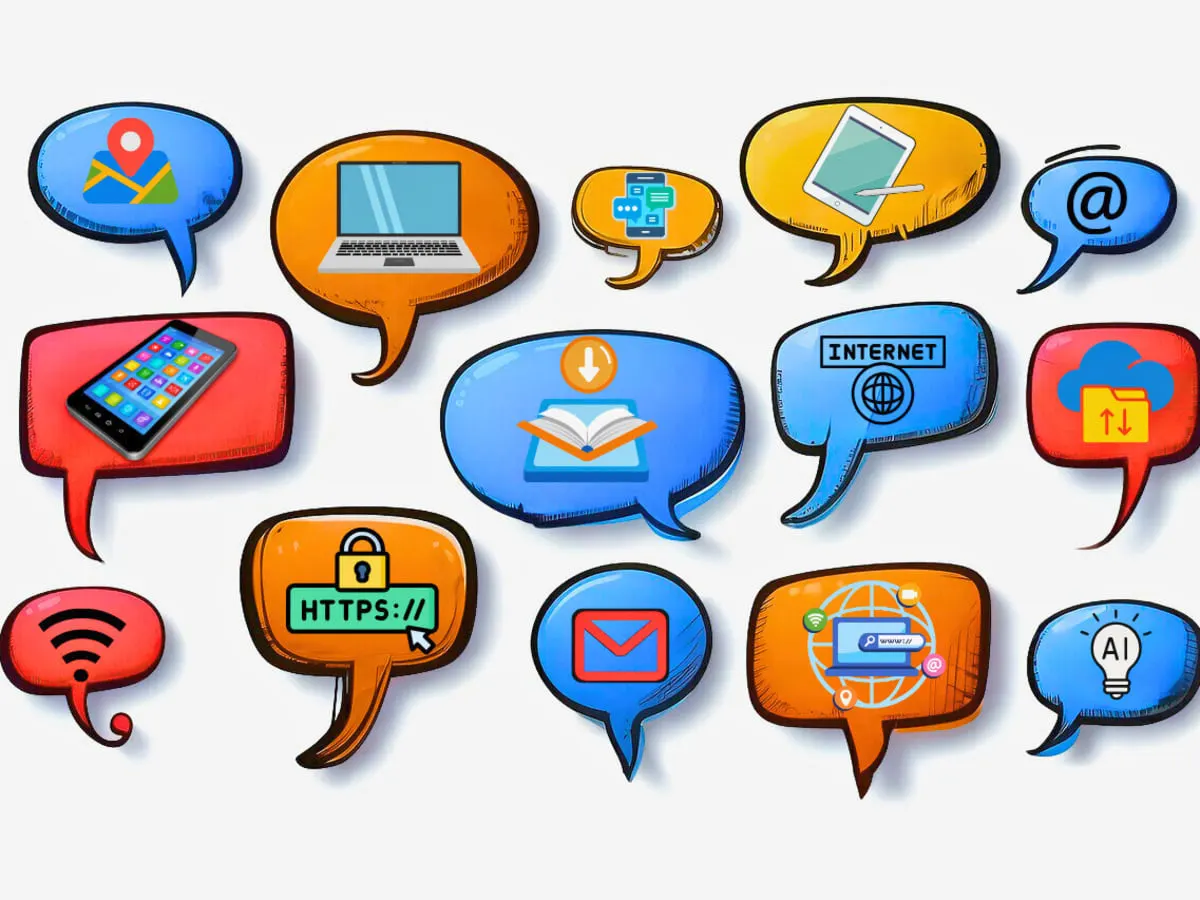 L’image présente une série d’icônes colorées en forme de bulles de dialogue, disposées sur un fond gris clair. Chaque bulle contient un symbole lié au numérique, à la communication ou à Internet.
