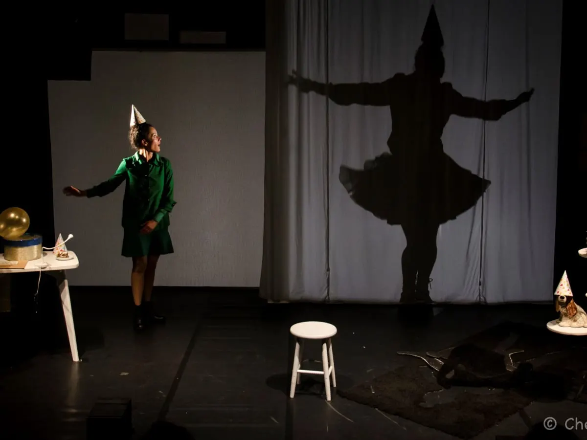 L'image montre une scène du spectacle. Dans un jeu d'ombres, on voit une danseuse en tutu avec un chapeau d'anniversaire pointu.