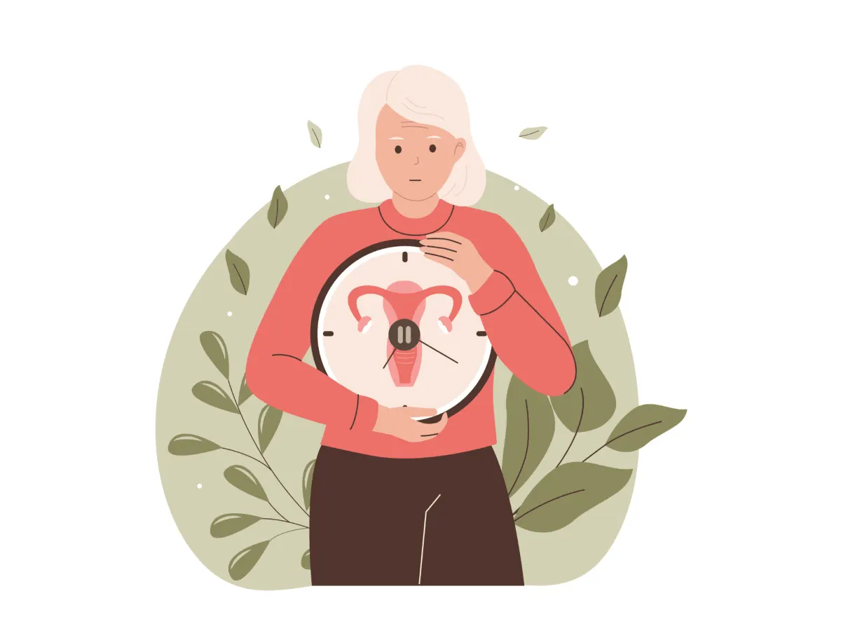 Illustration d'une femme aux cheveux grisonnants qui serre contre elle une horloge. Au centre de l’horloge, on trouve l’illustration d’un utérus.