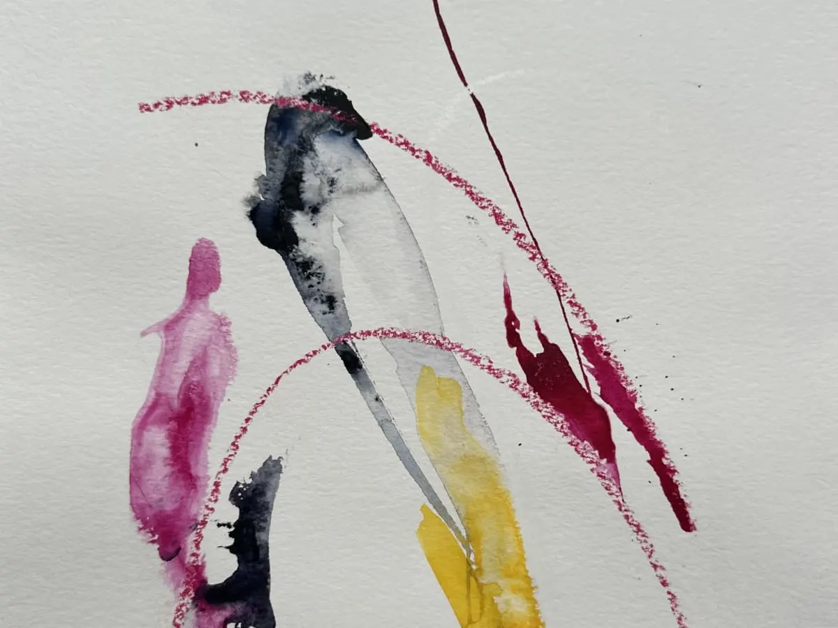 Oeuvre abstraite minimaliste d'encre rose, jaune et noire