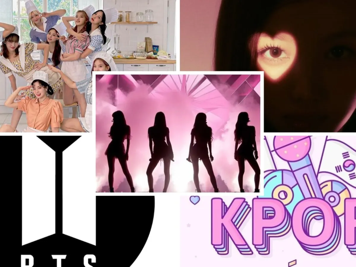Montage de cinq photos de groupes ou logos de groupes k-pop