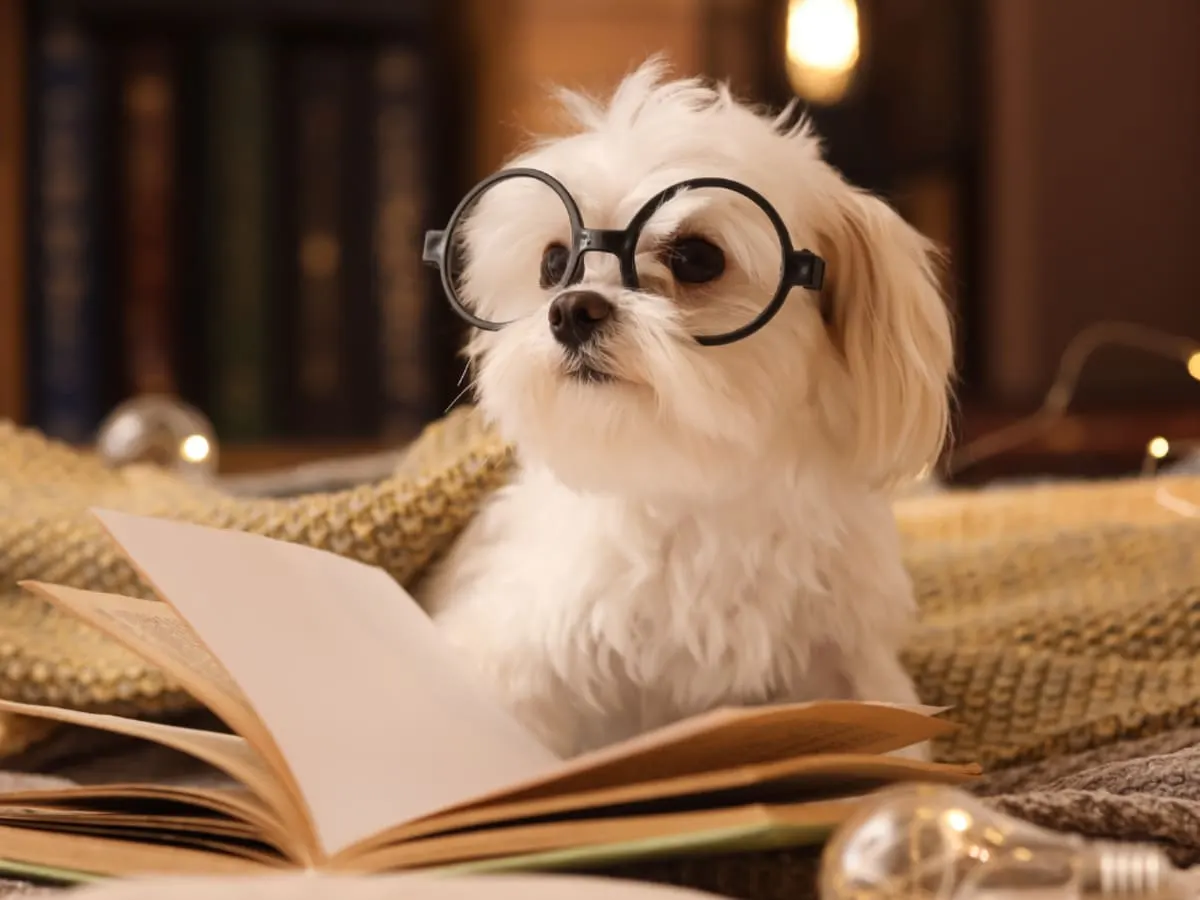Chien avec des lunettes en train de lire un livre