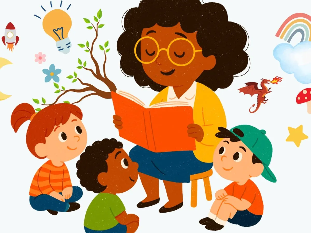 Illustration d'une personne assise qui lit un livre à des enfants, entourés d'éléments imaginaires, dont un dragon, un arbre, une étoile, qui sortent du livre.
