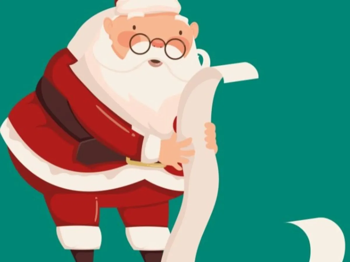 Un père Noël lit une liste de cadeau avec un air surpris