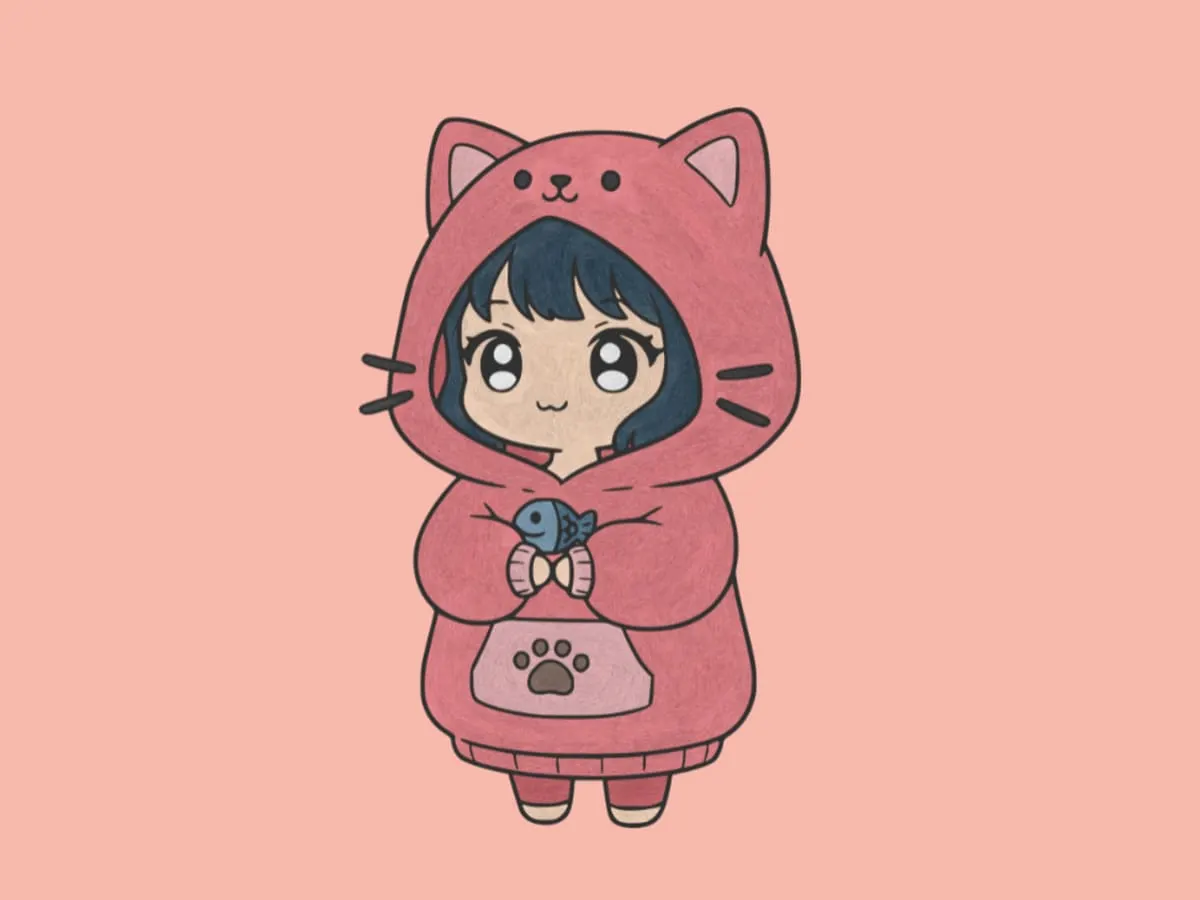 Illustration de style manga chibi représentant un personnage vêtu d’un chandail rose à capuchon en forme de chat, tenant un petit poisson bleu dans ses mains. Le dessin, aux couleurs douces sur fond rose uni, évoque un univers ludique et mignon.