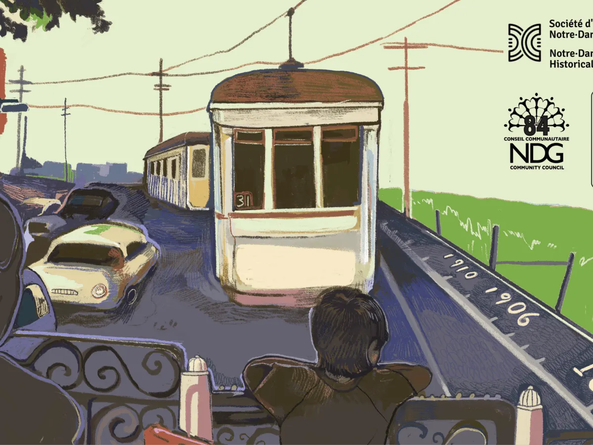 Illustration d'un tramway dans un décor antique