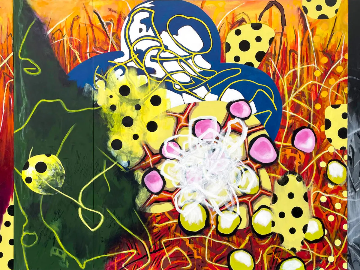 Mon cœur brûle de Michel Martineau (2024), peinture acrylique abstraite aux couleurs vives mêlant formes organiques bleues, jaunes et roses sur un fond de rouges et d'oranges évoquant des flammes ou une végétation en mouvement.