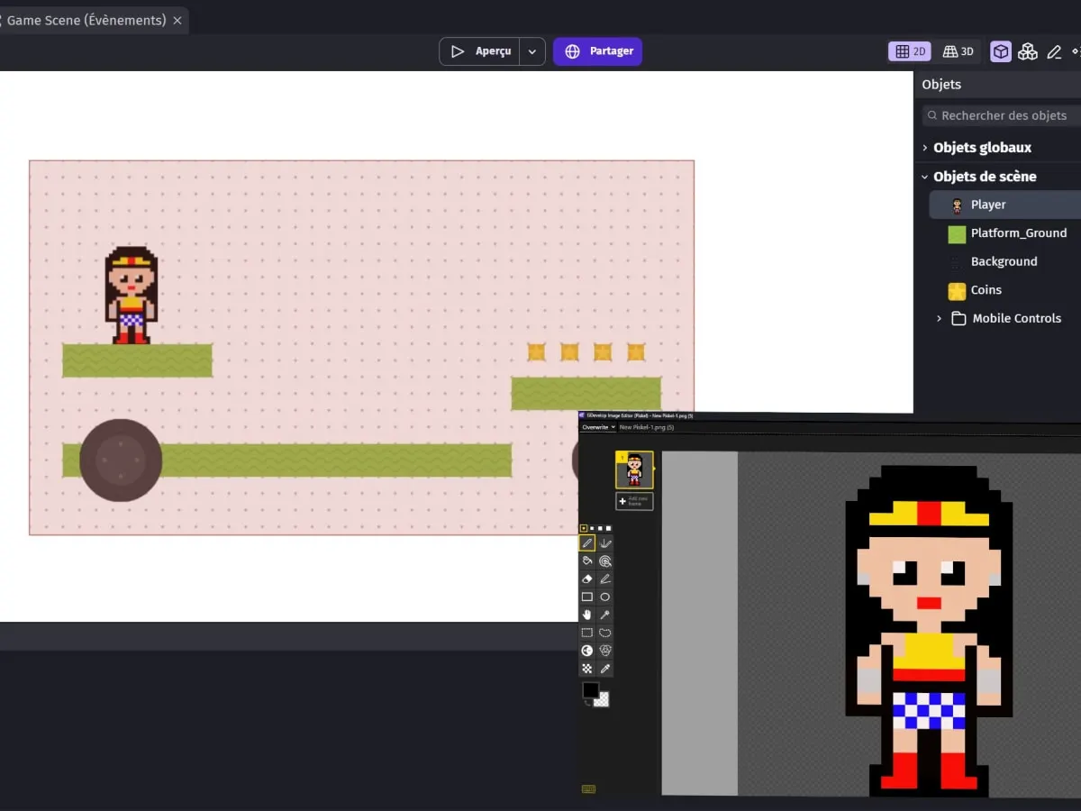 Cette image est une capture d’écran d’un logiciel de création de jeux vidéo 2D, destiné à concevoir des jeux de type plateforme.