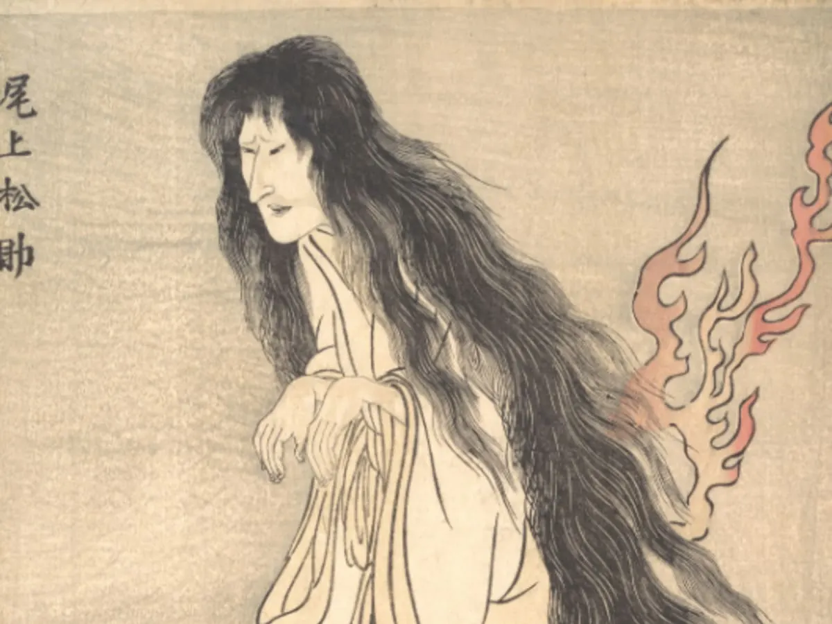 Oeuvre d'Utagawa Toyokuni représentant un fantôme féminin aux longs cheveux noirs.