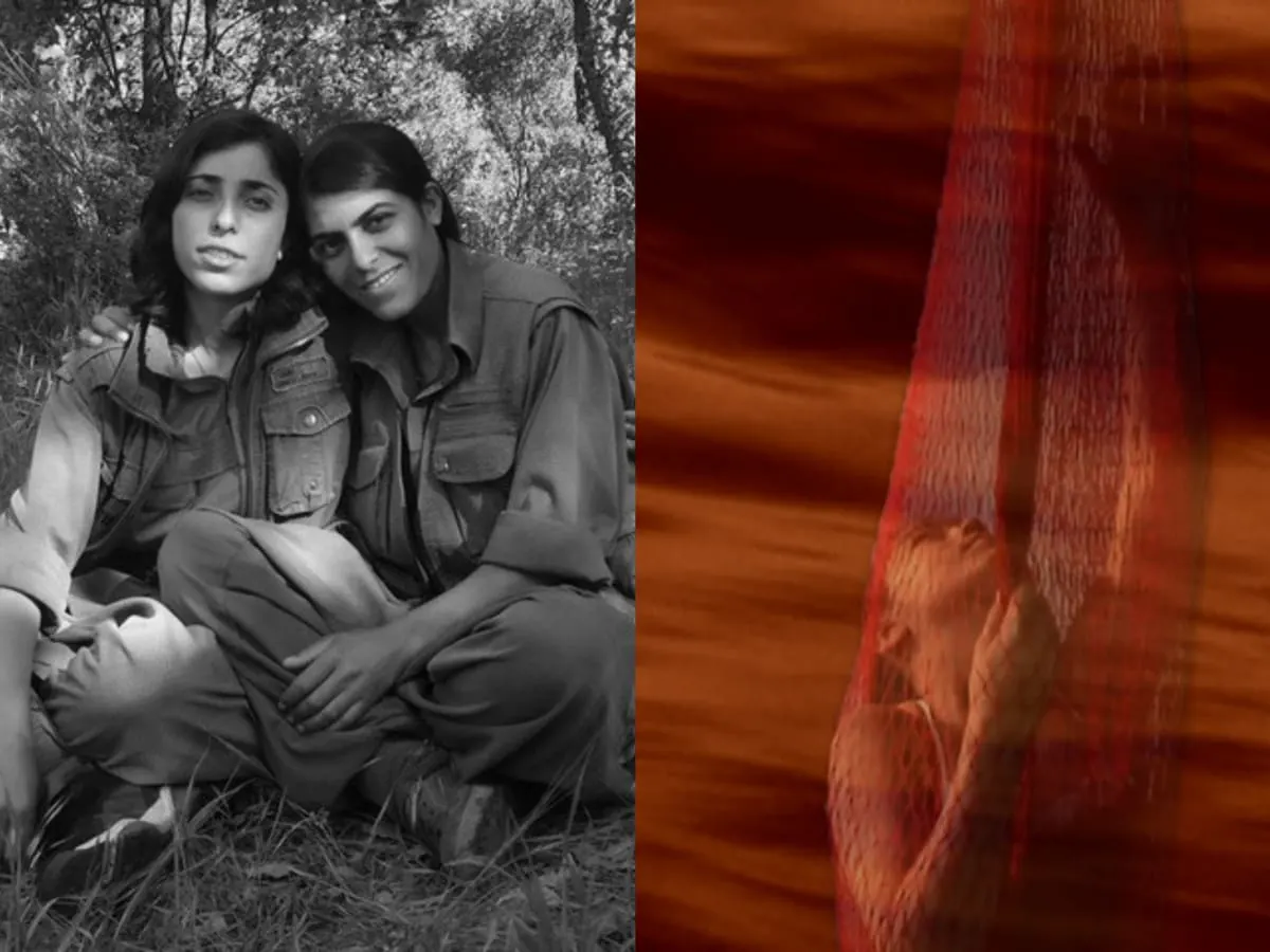 Montage visuel contrasté mêlant portrait en noir et blanc en extérieur et texture rouge abstraite.