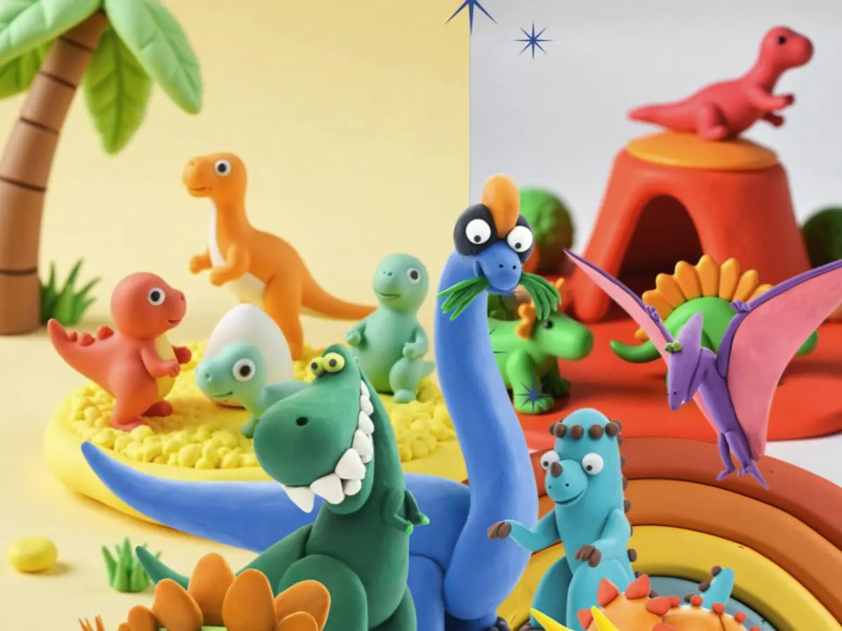 Des dinosaures en pâte à modeler de plusieurs couleurs