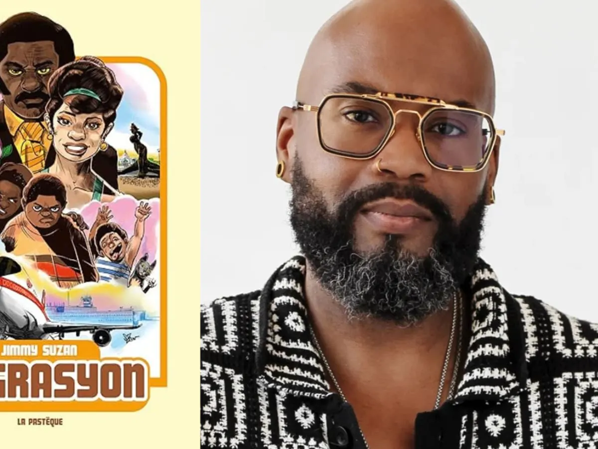 Une photo de Jimmy Suzan à côté de la page couverture de son livre Migrasyon